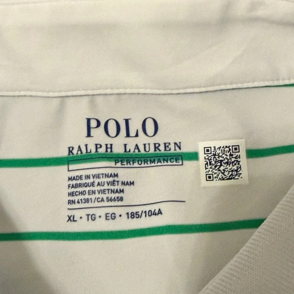 Polo Ralph Lauren Performance Men XL White Green Striped Short Sleeve Polo Shirt